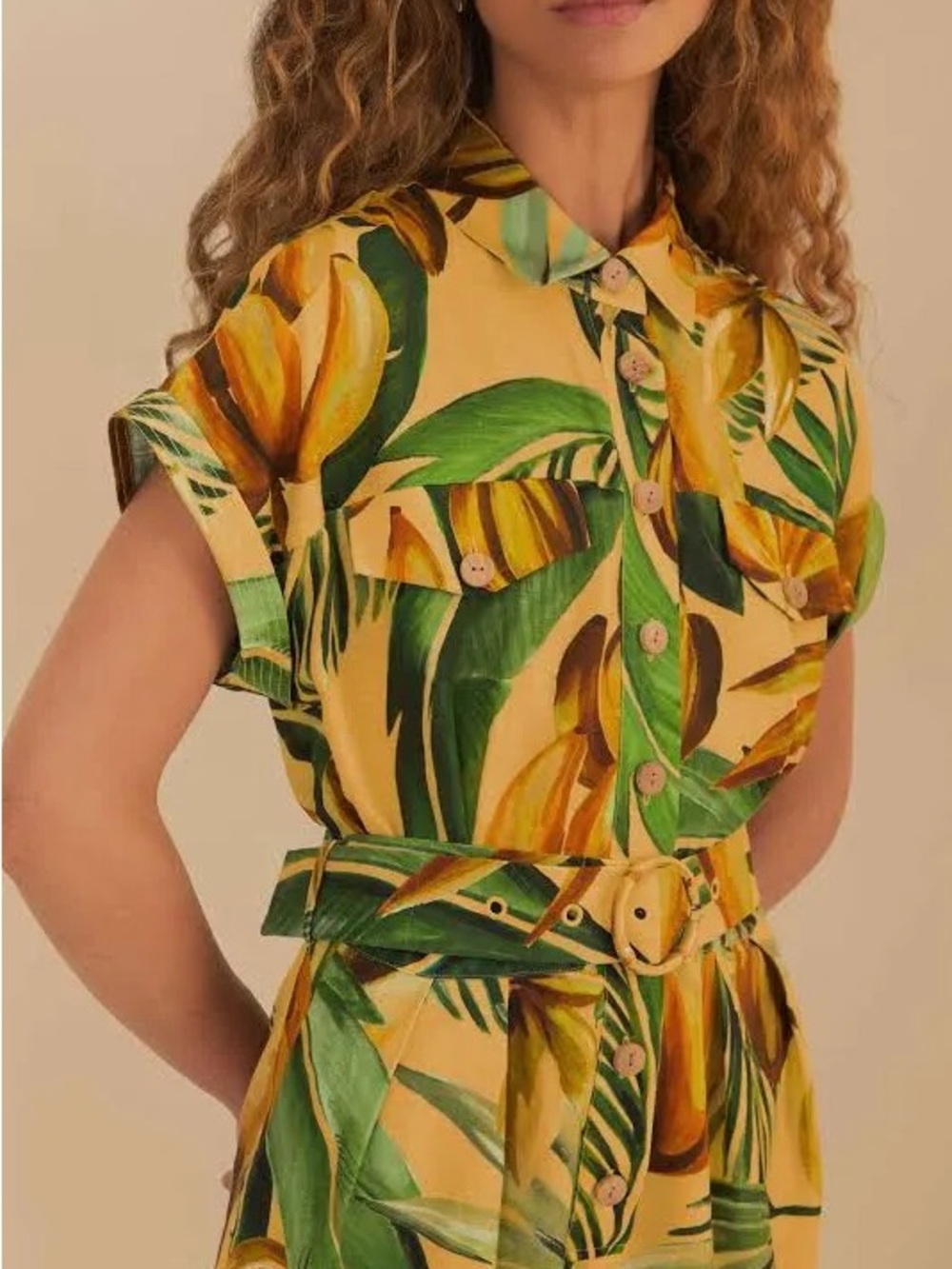 NWT FARM Rio Tropical Leaf Print Belted Jumpsuit — Green & Cream - Picture 14 of 16
